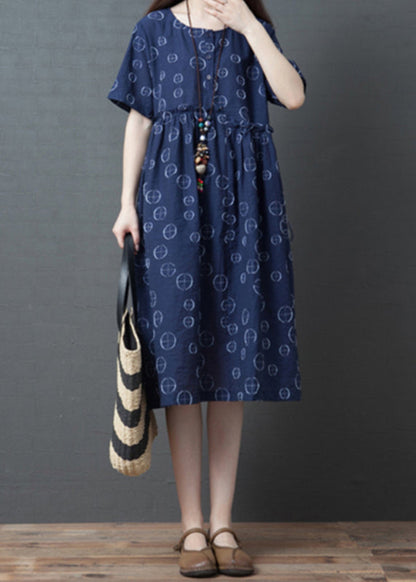 Blue O-neck Ruffled Patchwork Long Dresses Summer