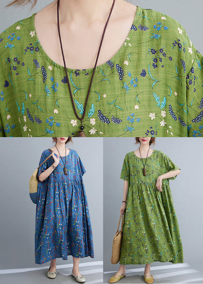 Blue O-neck Wrinkled Maxi Dress Summer
