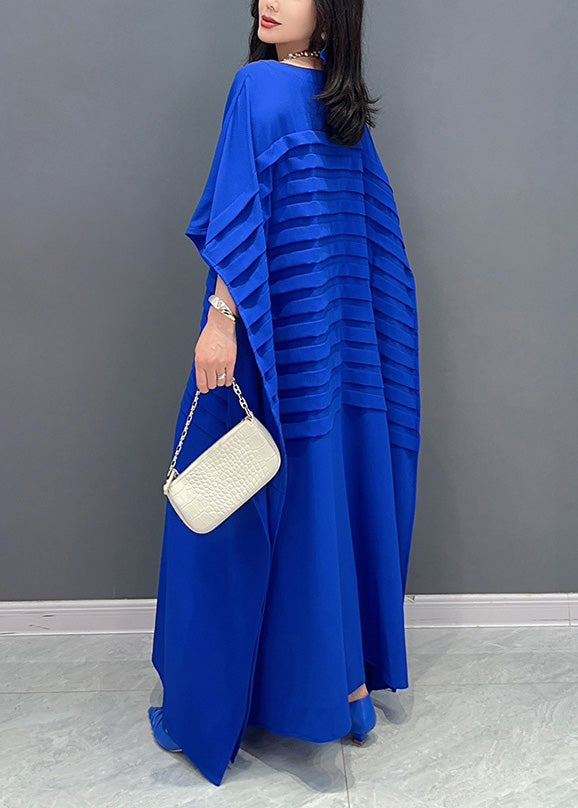 Blue O-neck Wrinkled Loose Dress Summer