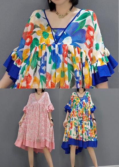 Blue Patchwork Chiffon a Line Dress V Neck Flare Sleeve