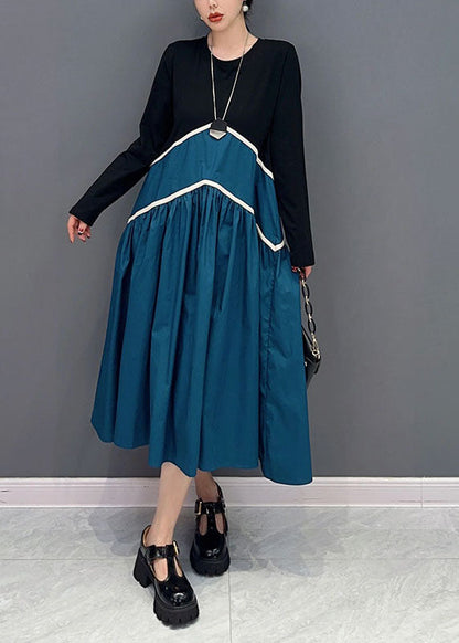 Blue Patchwork Cotton a Line Dresses Wrinkled Exra Large Hem Spring