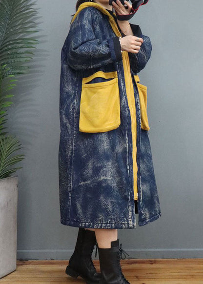 Blue Patchwork Fine Cotton Filled Hooded Winter Coat