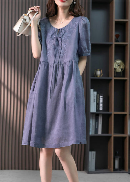 Blue Patchwork Neck Tie Linen Maxi Dresses Short Sleeve