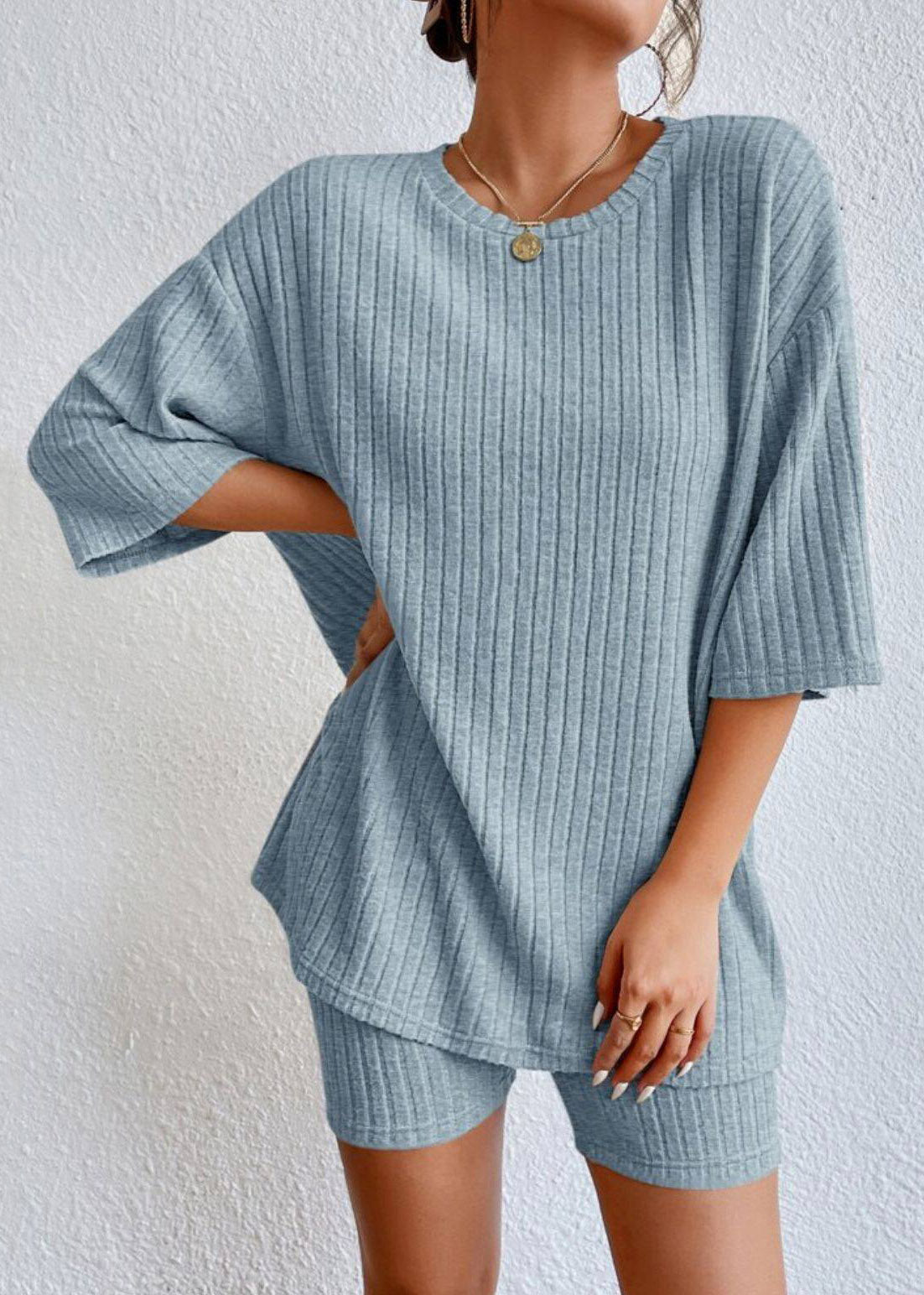 Blue Patchwork Top and Shorts Two Pieces Set Half Sleeve