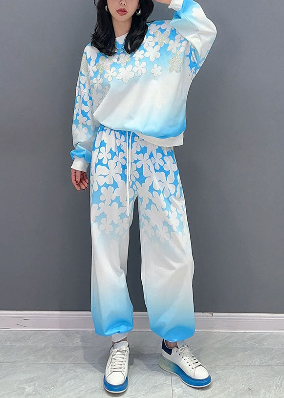 Blue Patchwork Tops and Pants Cotton Two Pieces Set O Neck Long Sleeve
