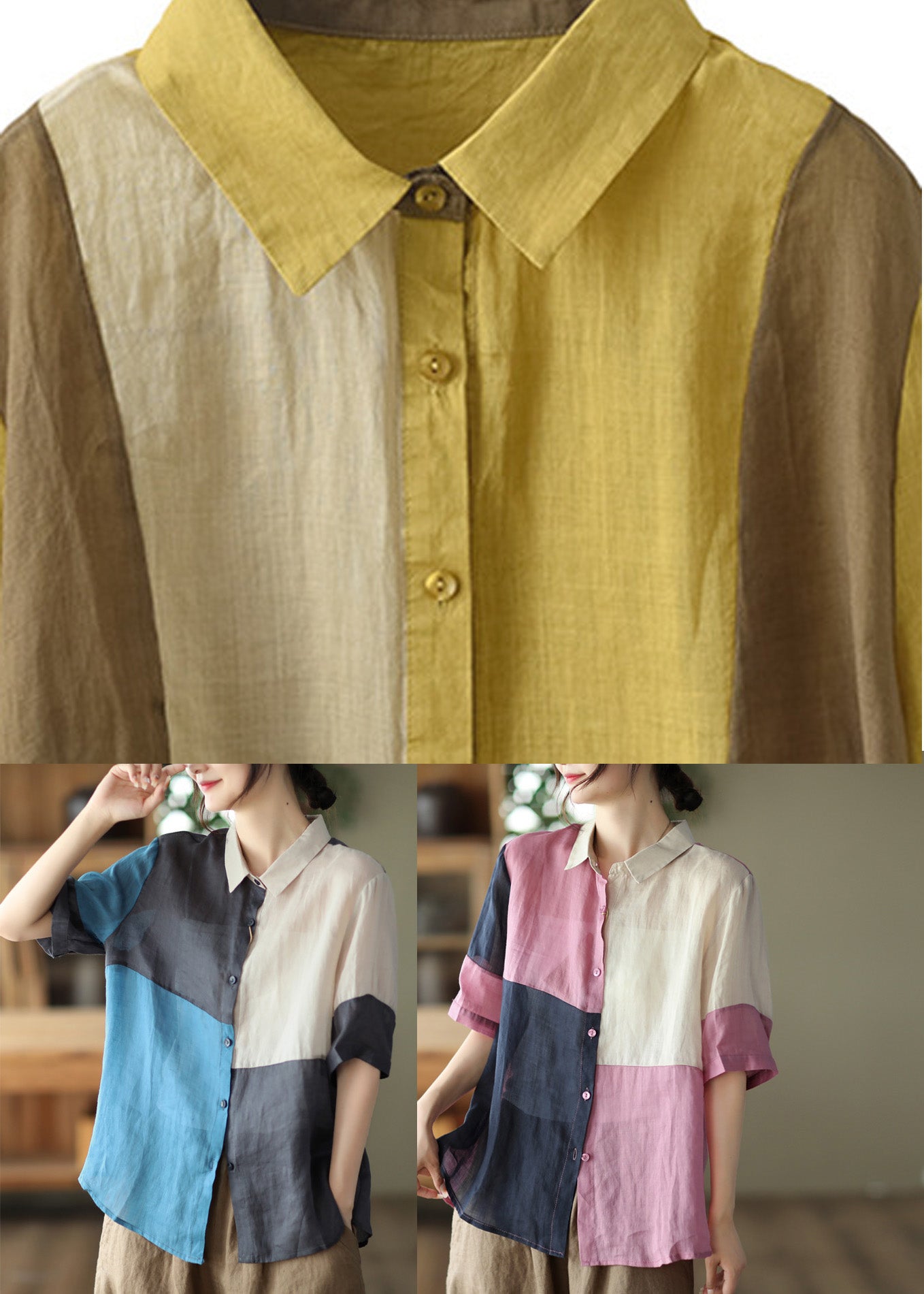Blue Plaid Patchwork Ramie Top Short Sleeve