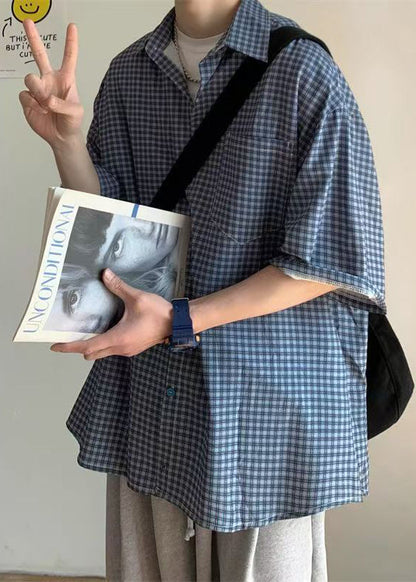 Blue Plaid Pockets Cotton Shirts Peter Pan Collar Summer