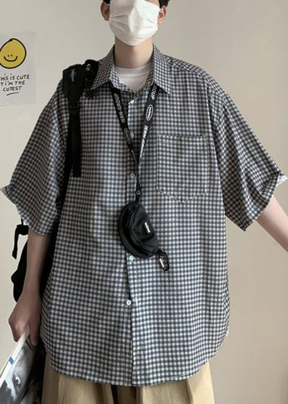 Blue Plaid Pockets Cotton Shirts Peter Pan Collar Summer