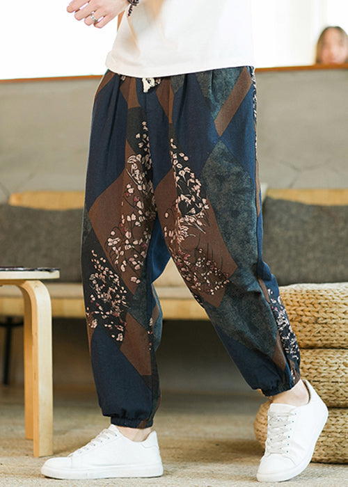 Blue Pockets Patchwork Cotton Beam Pants Elastic Waist
