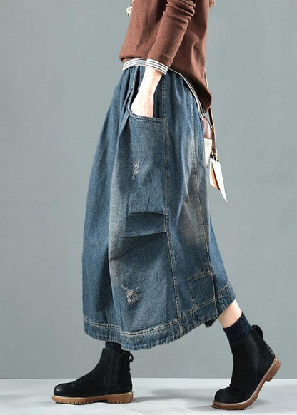 Blue-red Flower Pockets Retro Patchwork Summer Skirts Denim