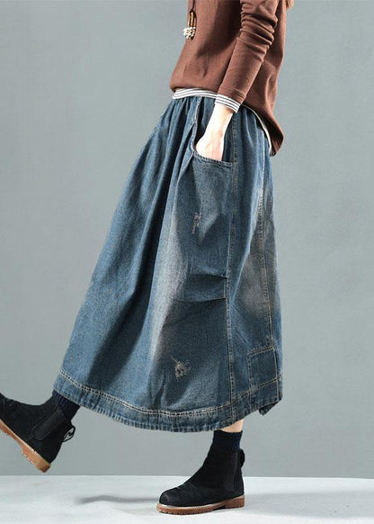Blue-green Flower Pockets Retro Patchwork Summer Skirts Denim