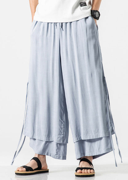 Blue Pockets Side Open Cotton Wide Leg Pants Elastic Waist