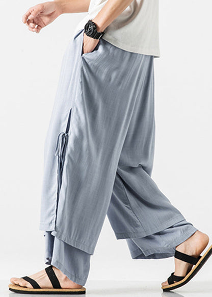 Blue Pockets Side Open Cotton Wide Leg Pants Elastic Waist