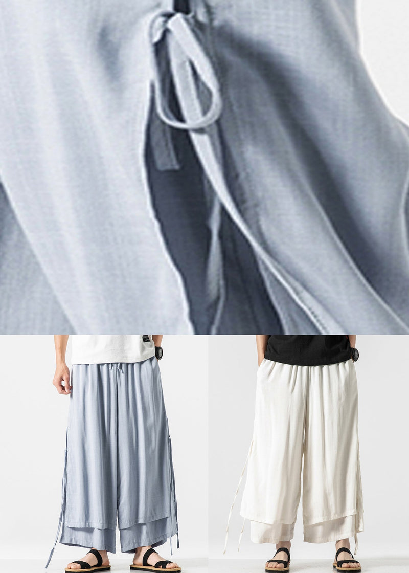 Blue Pockets Side Open Cotton Wide Leg Pants Elastic Waist
