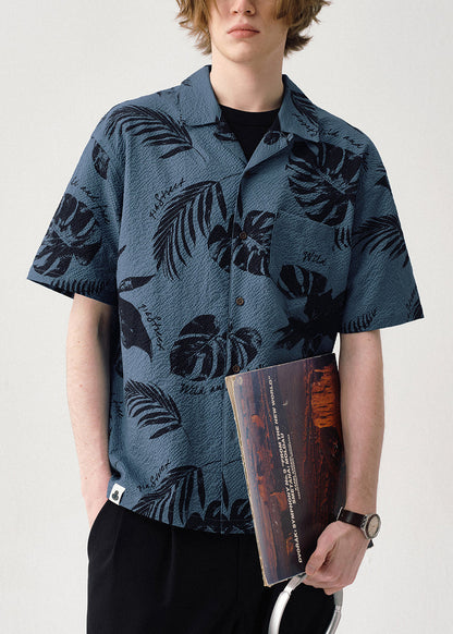 Blue Print Button Cotton Summer Shirt Peter Pan Collar