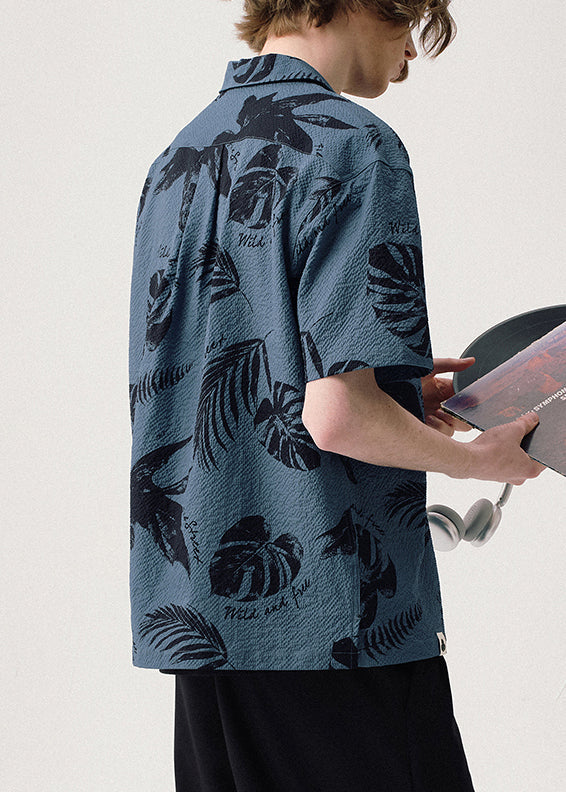 Blue Print Button Cotton Summer Shirt Peter Pan Collar