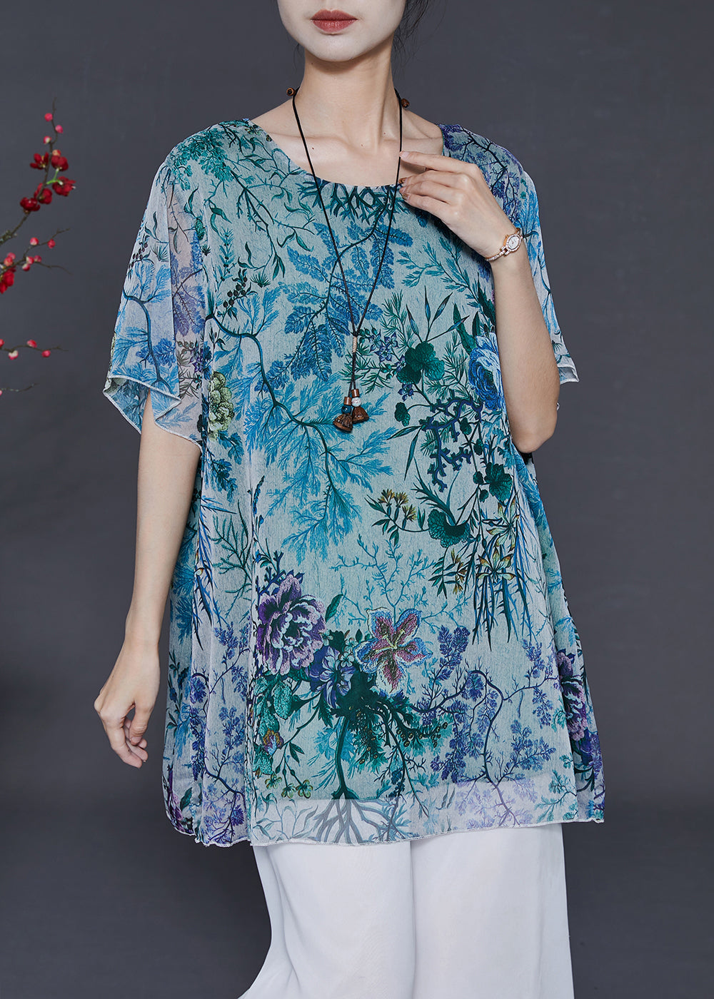 Blue Print Chiffon Blouses O-neck Oversized Summer