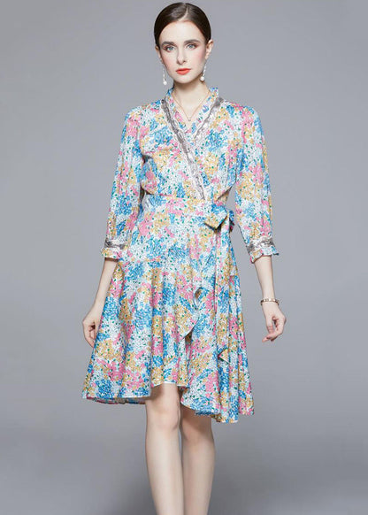 Blue Print Chiffon Dresses V Neck Lace Up Bracelet Sleeve
