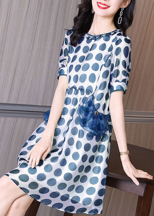 Blue Print Chiffon Holiday Dresses O-neck Slim Fit Summer