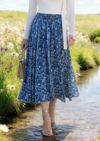 Blue Print Cotton Skirt Elastic Waist Summer