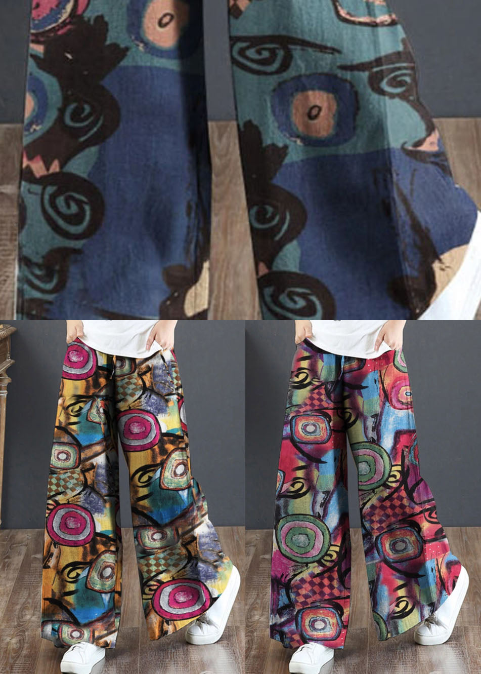 Blue Print Cotton Wide Leg Pants High Waist Pockets Summer