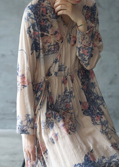 Blue Print Holiday Long Dress Tie Waist V Neck Long Sleeve