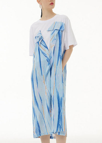Blue Print Patchwork Cotton Dress Wrinkled False Two Pieces Summer