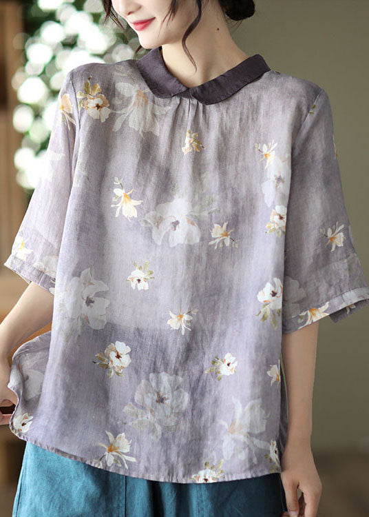 Blue Print Patchwork Linen Tops Peter Pan Collar Colorblock Short Sleeve
