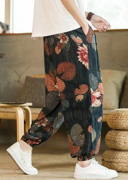 Blue Print Pockets Cotton Beam Pants High Waist