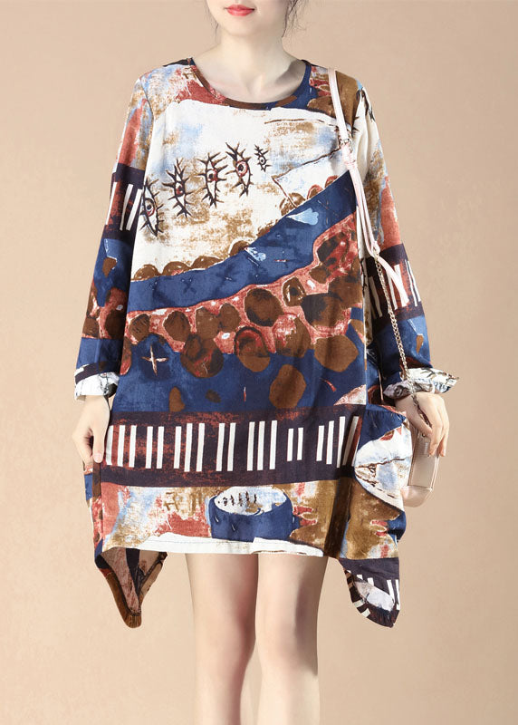 Blue Print Pockets Patchwork Linen Dress O-neck Spring