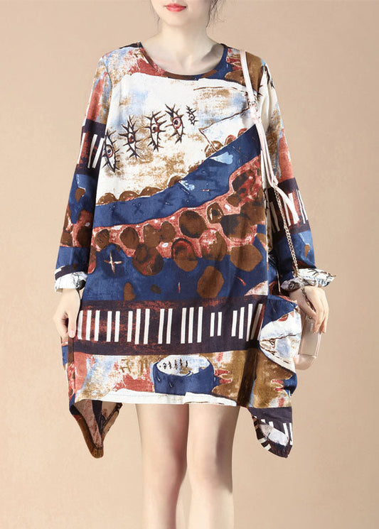 Blue Print Pockets Patchwork Linen Dress O-neck Spring
