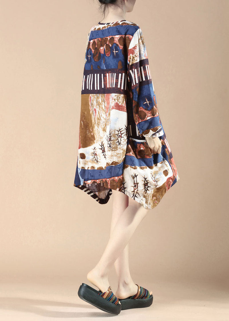 Blue Print Pockets Patchwork Linen Dress O-neck Spring