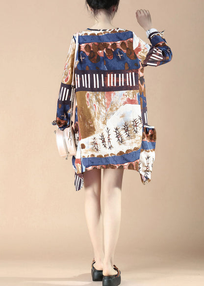 Blue Print Pockets Patchwork Linen Dress O-neck Spring