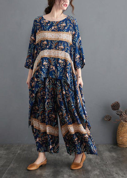 Blue Print Spring Suit Large Top Wide Legged Pants