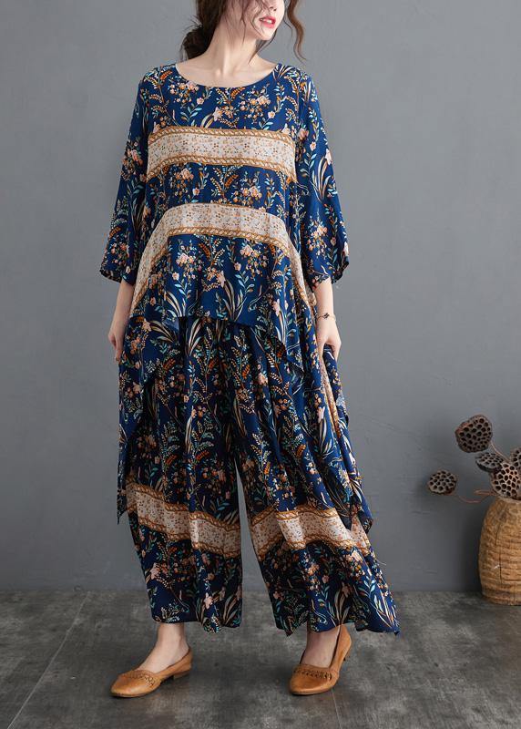 Blue Print Spring Suit Large Top Wide Legged Pants