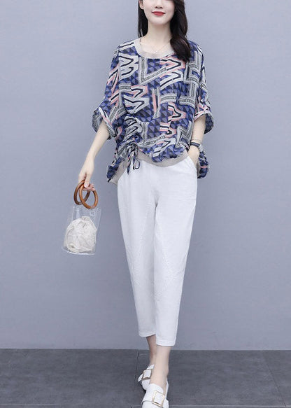 Blue Print Top and Pants Two Pieces Set Summer
