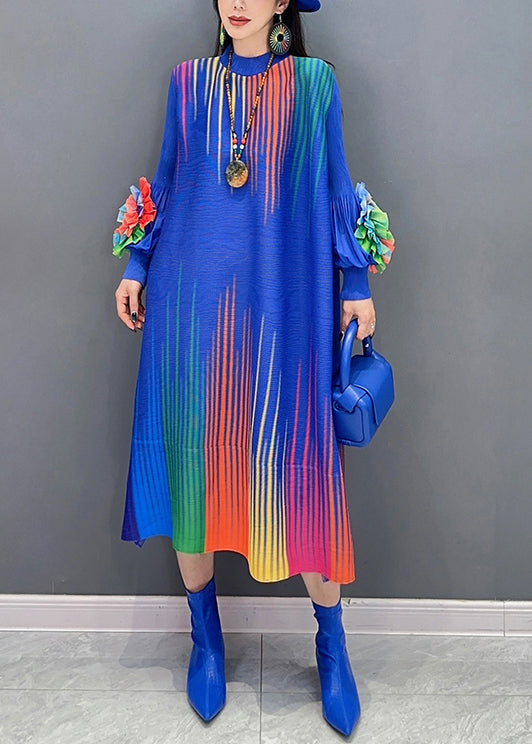 Blue Print Wrinkled Cotton Long Dresses O Neck Spring