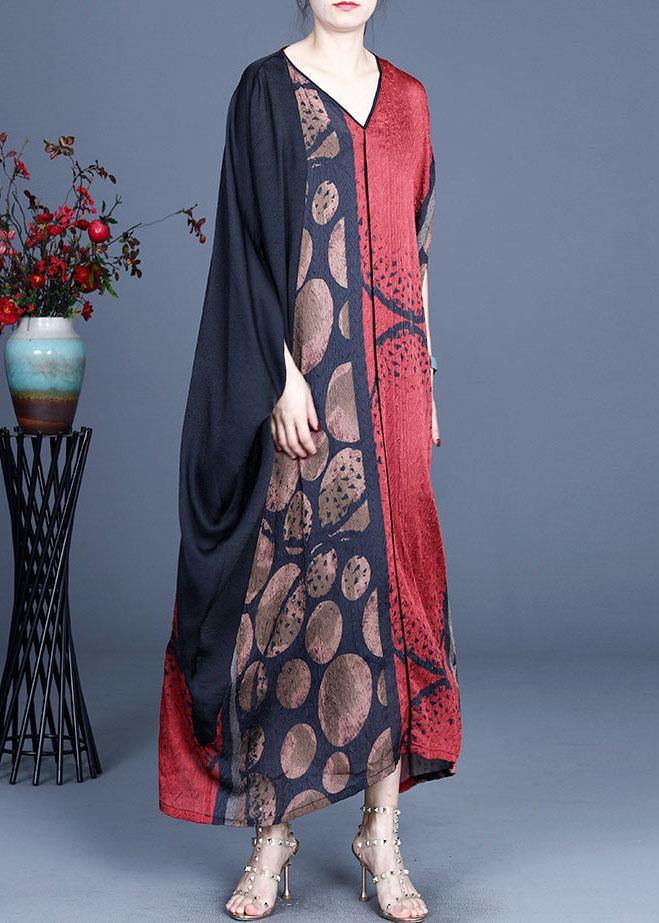 Blue Retro V Neck Patchwork Summer Robe Dresses Bat Wing Sleeve