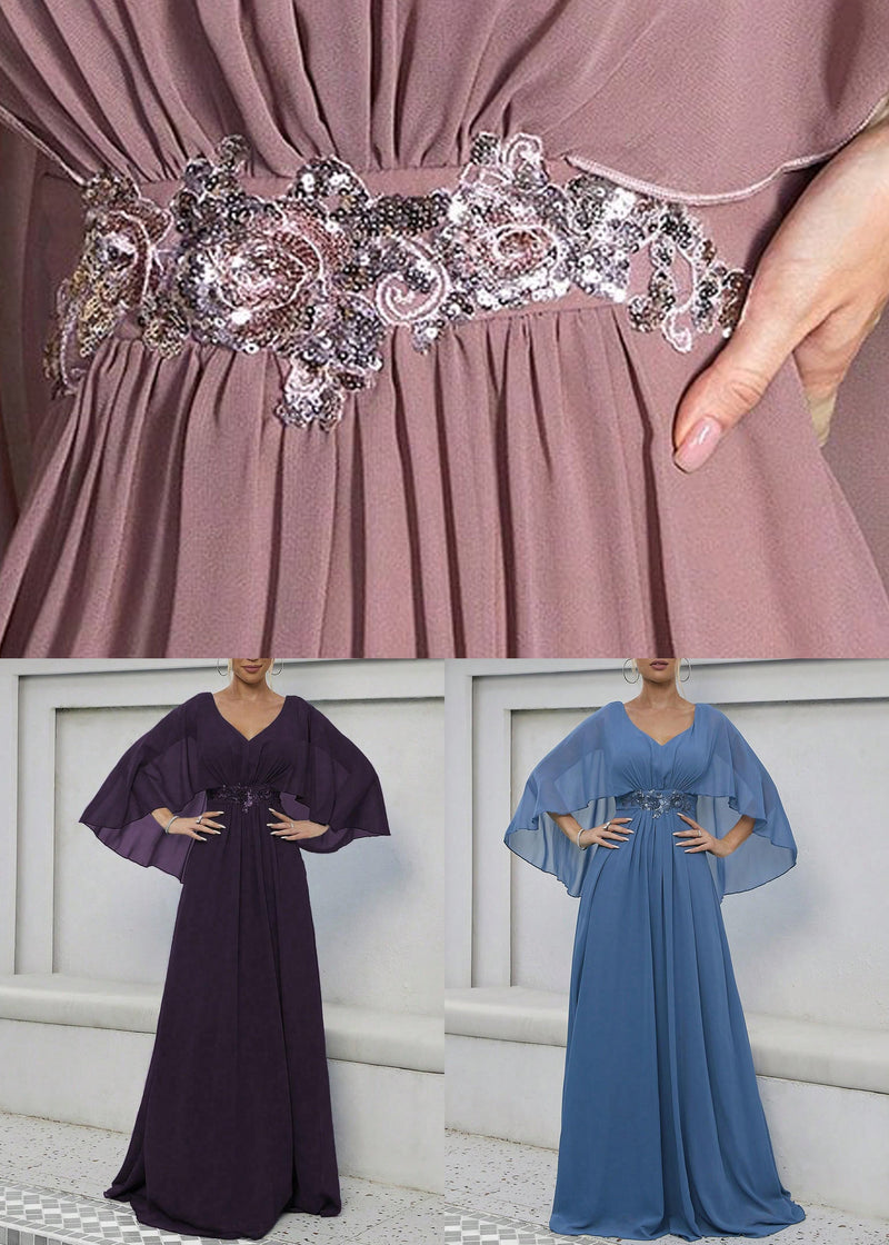 Blue Sequins High Waist Long Dress V Neck Batwing Sleeve