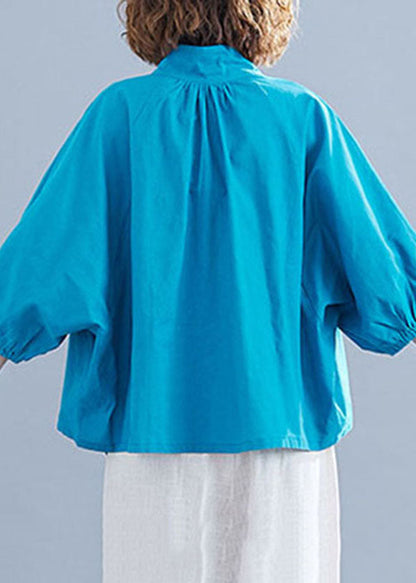Blue Color Cotton Loose Blouses Stand Collar Lantern Sleeve