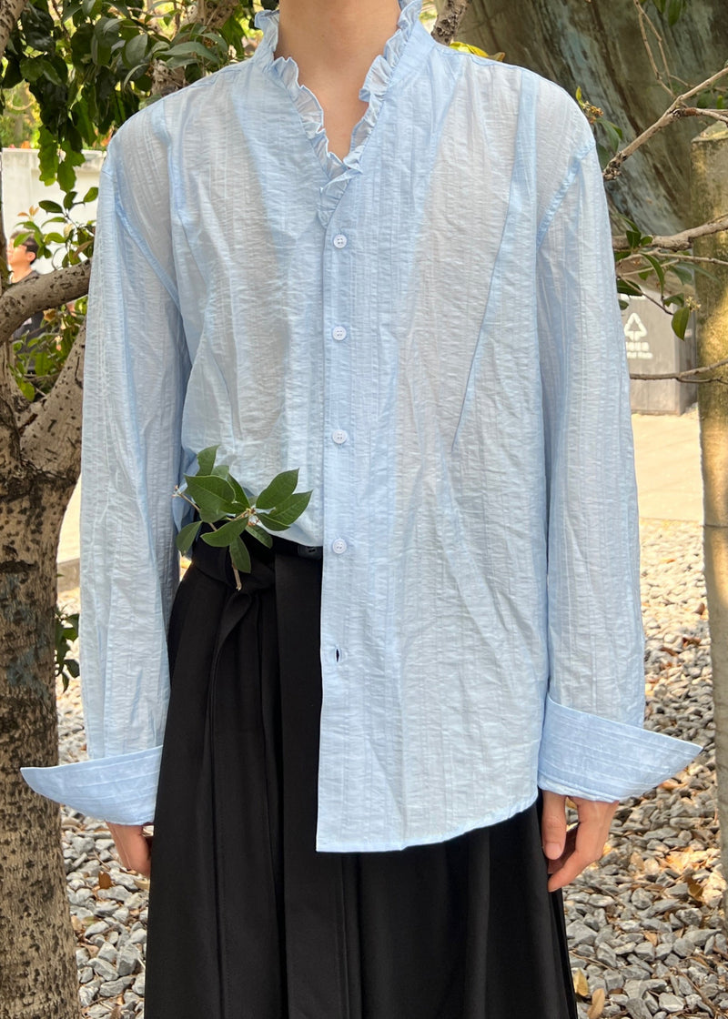 Blue Cotton Fall Shirts Ruffled