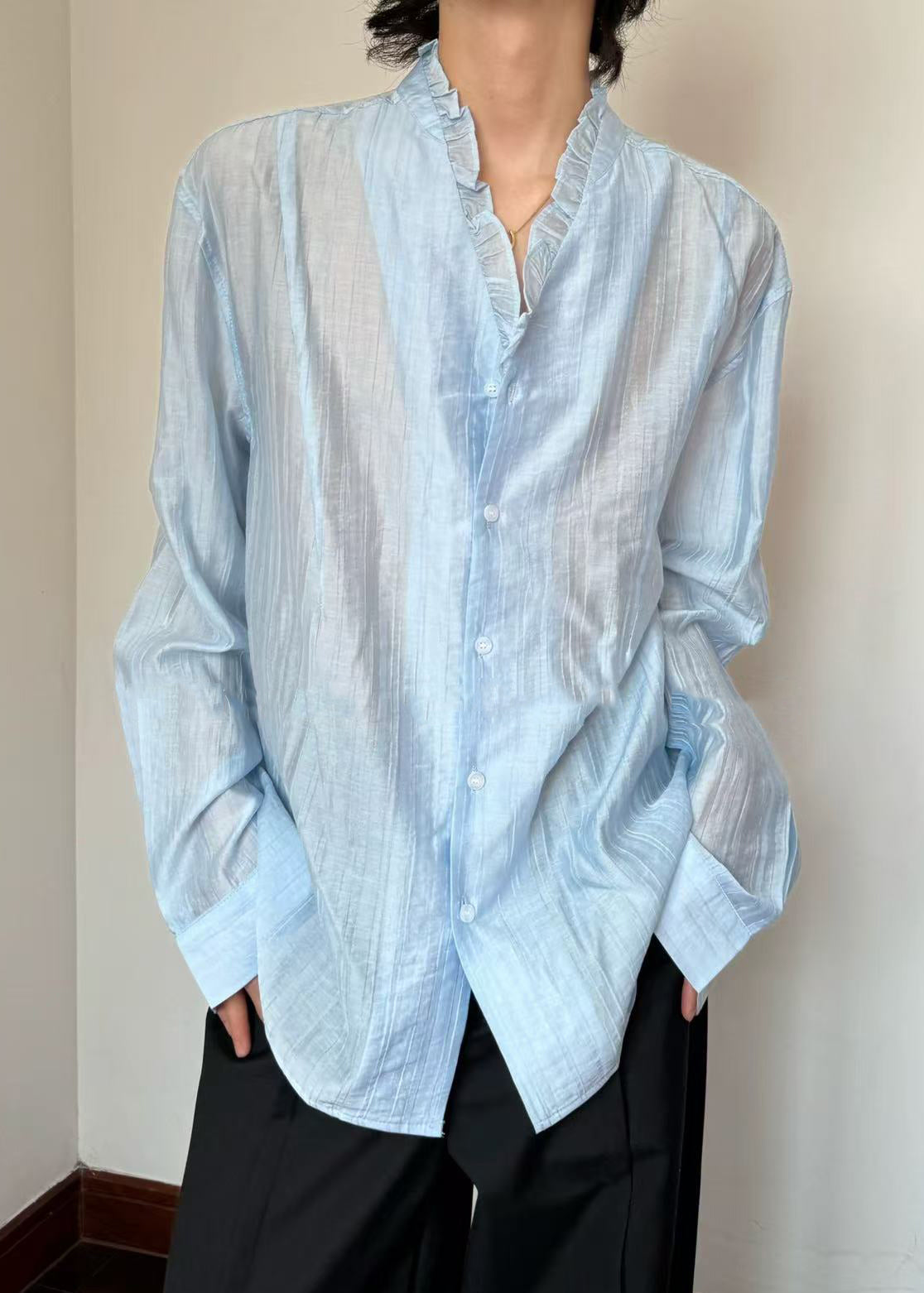 Blue Solid Cotton Fall Men's Shirts Ruffled