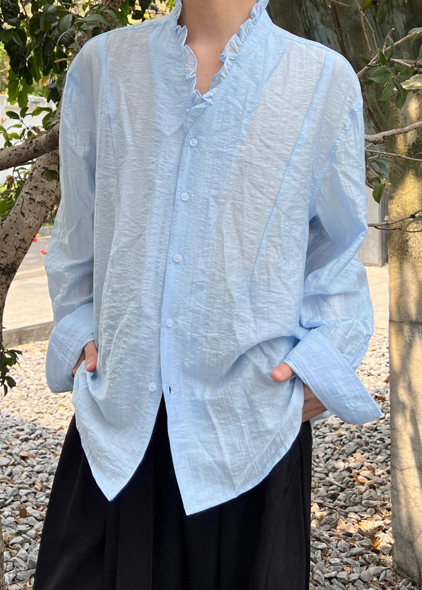 Blue Solid Cotton Fall Men's Shirts Ruffled