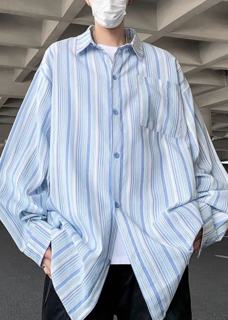 Blue Striped Button Cotton Men Shirts Peter Pan Collar Spring