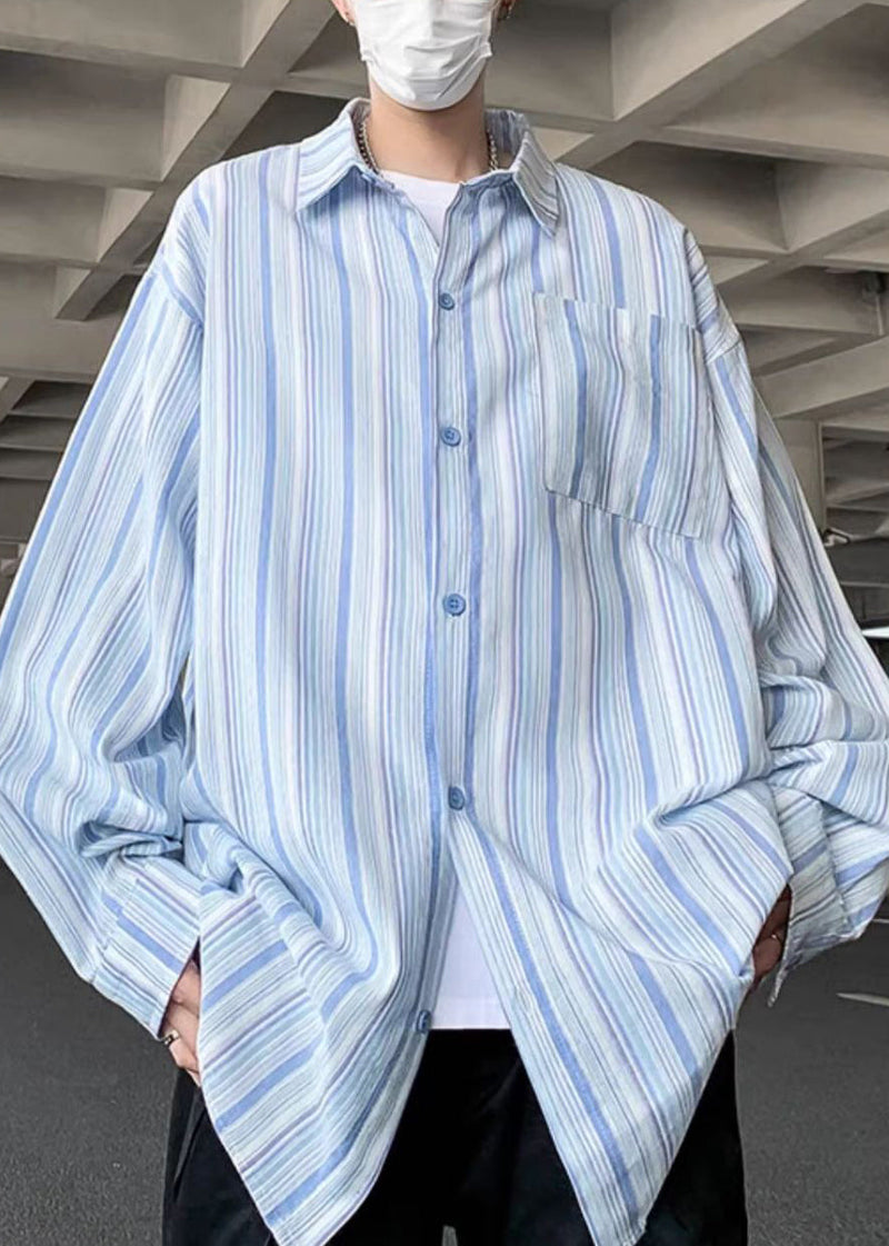 Blue Striped Button Cotton Shirts Peter Pan Collar Spring