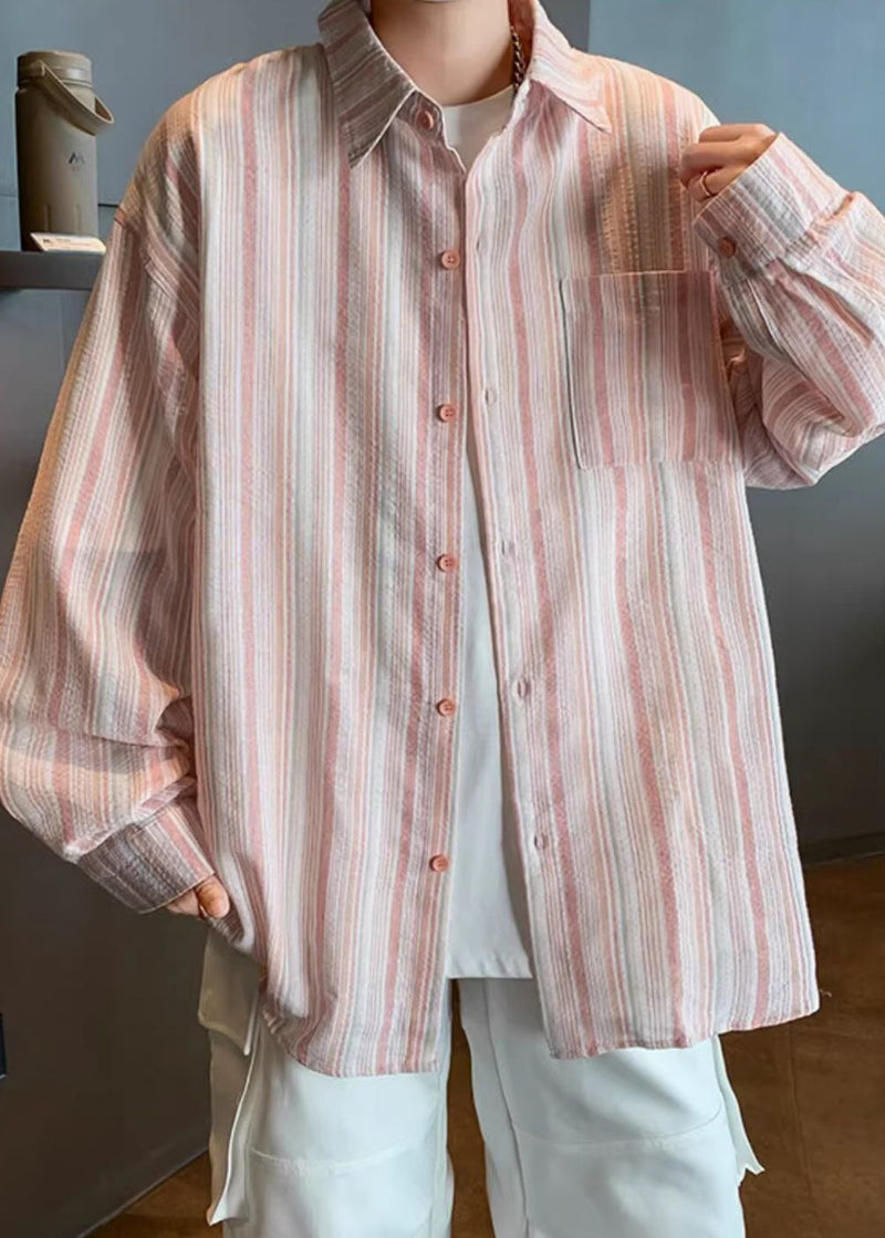 Blue Striped Button Cotton Shirts Peter Pan Collar Spring