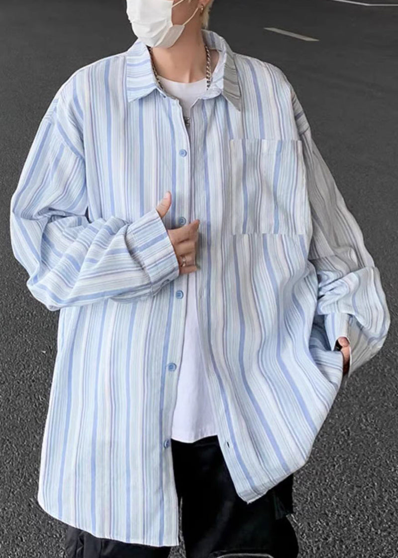Blue Striped Button Cotton Shirts Peter Pan Collar Spring