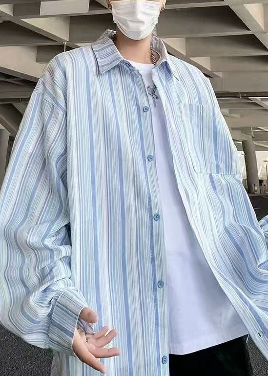 Blue Striped Button Cotton Shirts Peter Pan Collar Spring