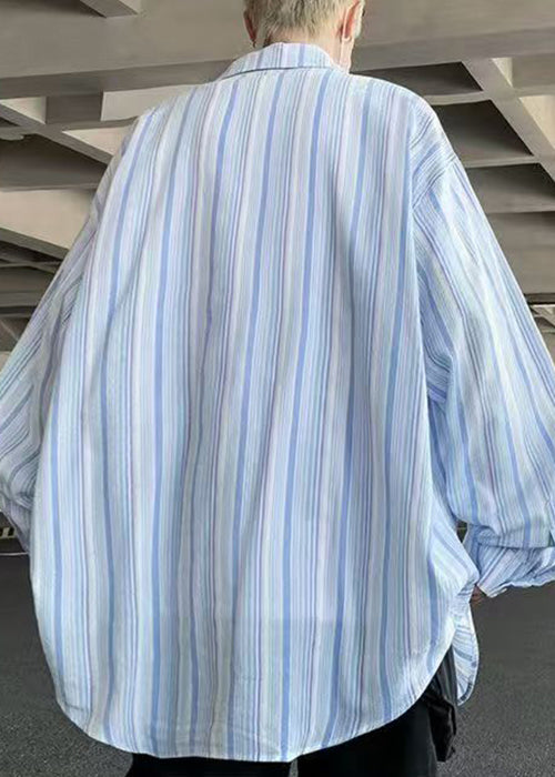 Blue Striped Button Cotton Shirts Peter Pan Collar Spring