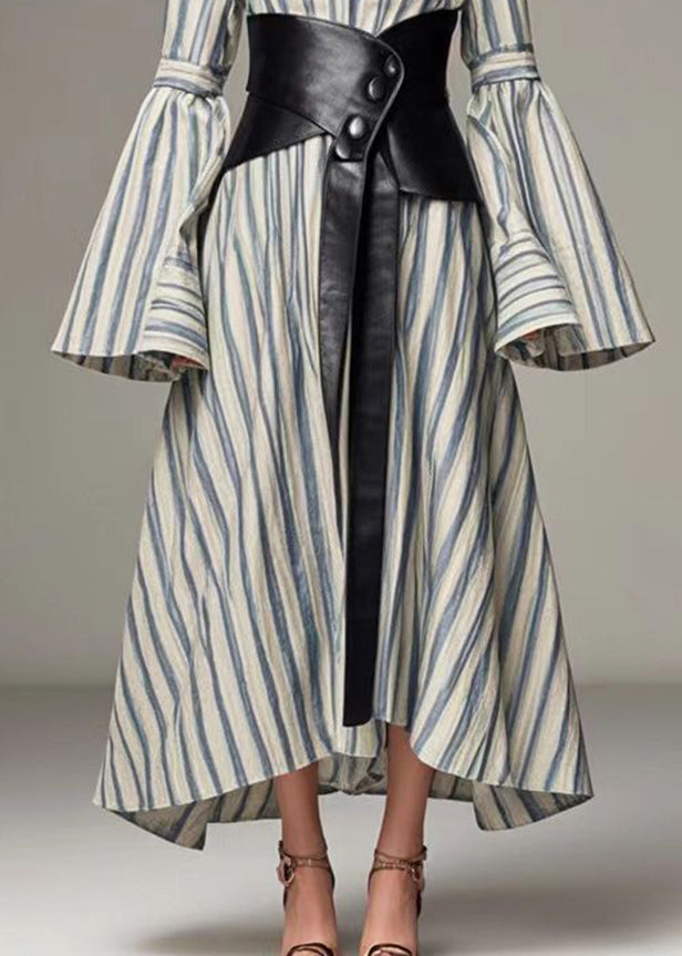 Blue Striped Cotton Cinched Dresses Deep-v Neck Flare Sleeve